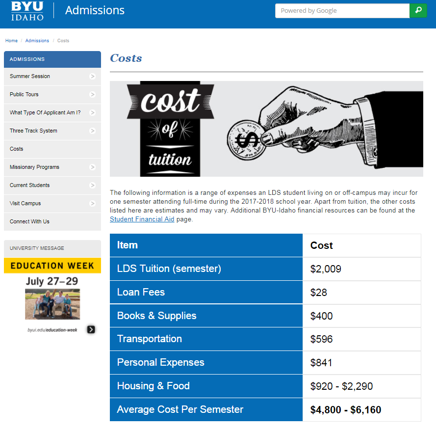 List of items and their cost: LDS Tuition (semester) $2009, Loan fees $28, books and supplies $400, transportation $596, personal expenses $841, housing and food $920 to $2290, average cost per semester $4800 to $6160.