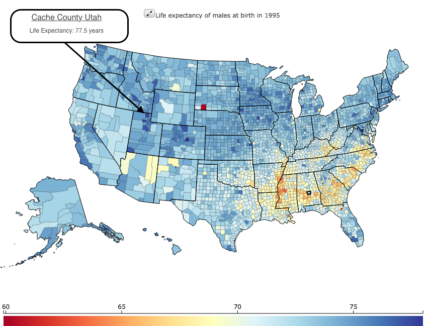 Image of the US shaded by county showing life expectancy of males at birth in 1995